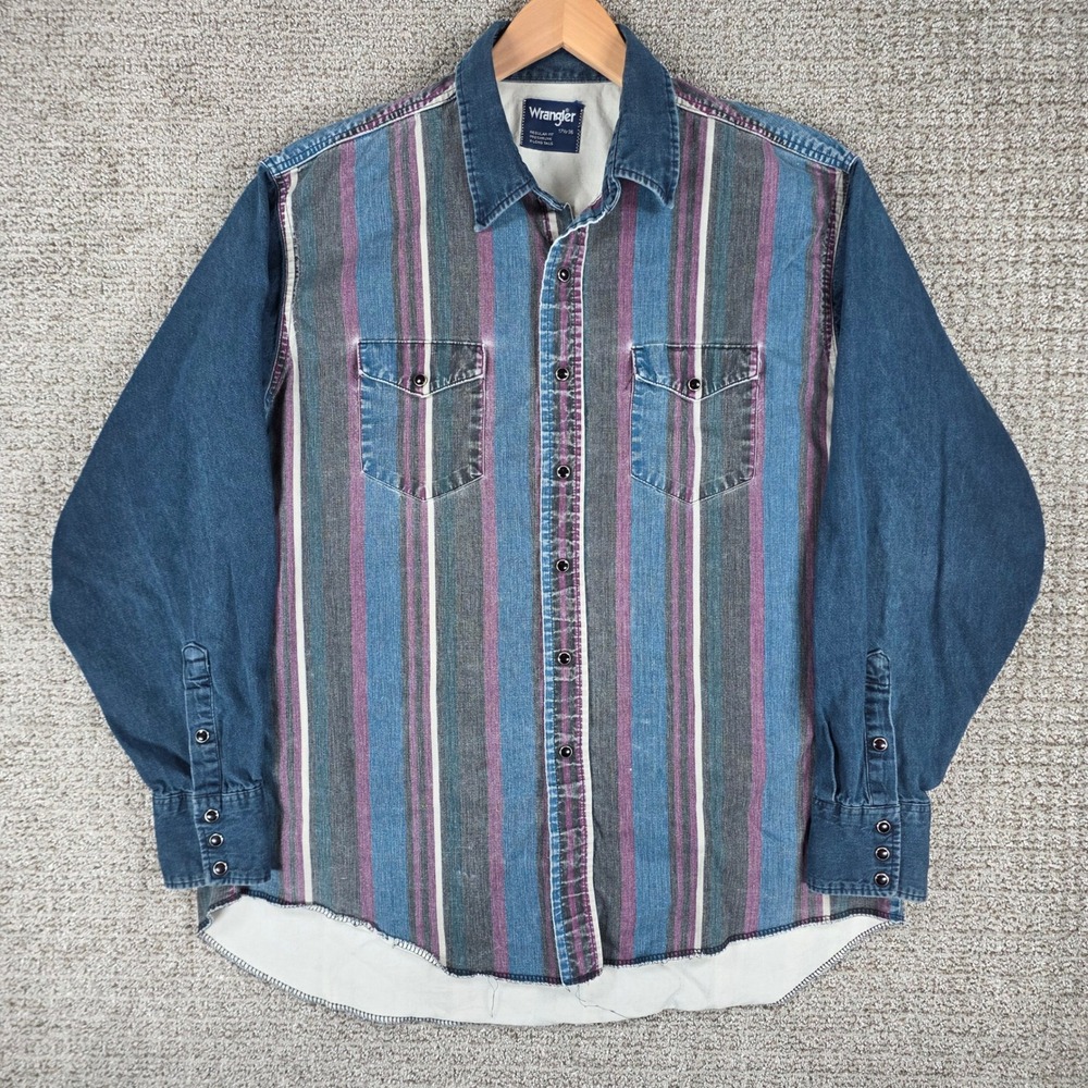 Vintage Wrangler Brushpopper Western Shirt Mens 17.5-36 Stripe Denim Long Sleeve